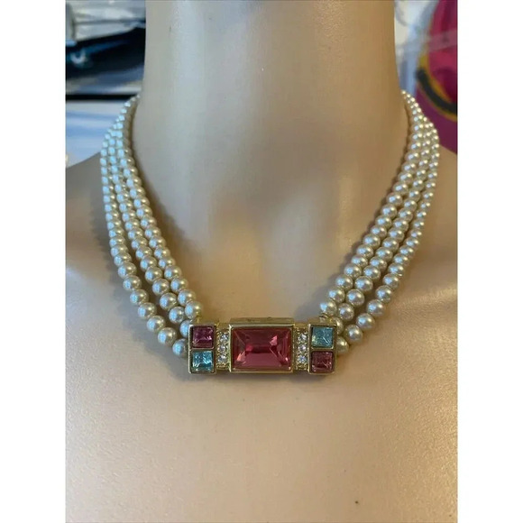 VTG 3 Strand Faux Pearl Gemstone Choker Necklace Party Formal Wedding Princess - Picture 12 of 12